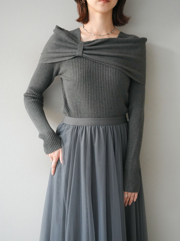 [予約]リボンモチーフオフショルリブニットトップス/gray