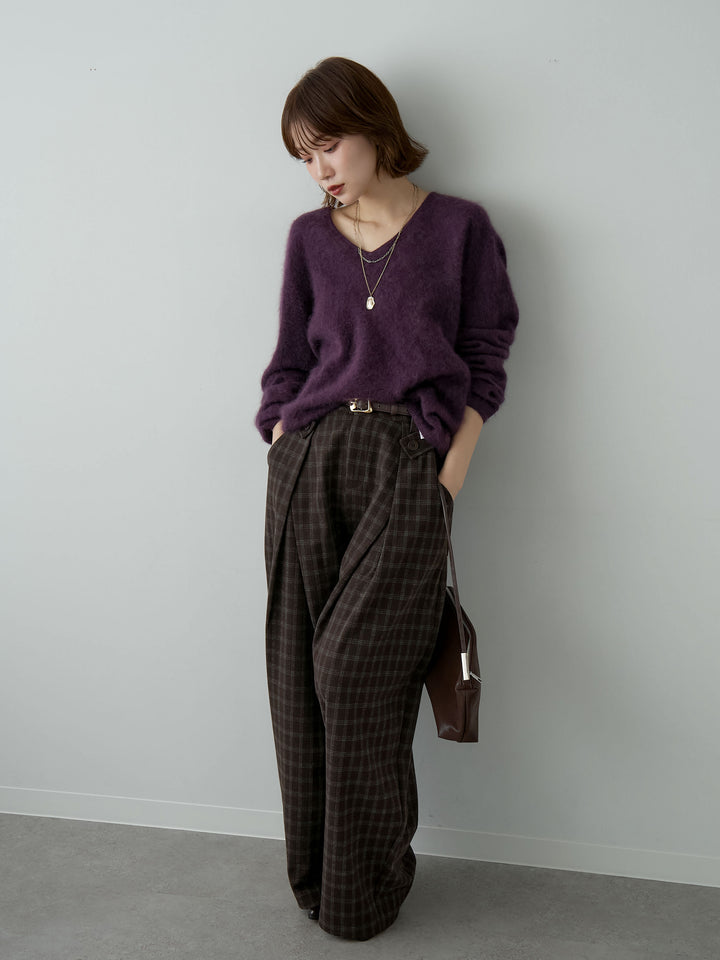 [SET]カシミア混フェザータッチVネックニットトップス+チェックサイドベルトデザインタックパンツ(2set)