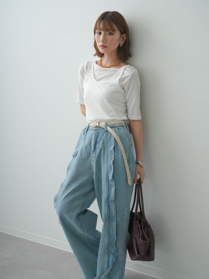 [SET]前後2wayシアーアシメレイヤード風TEE+フリルラインワイドデニム(2set)