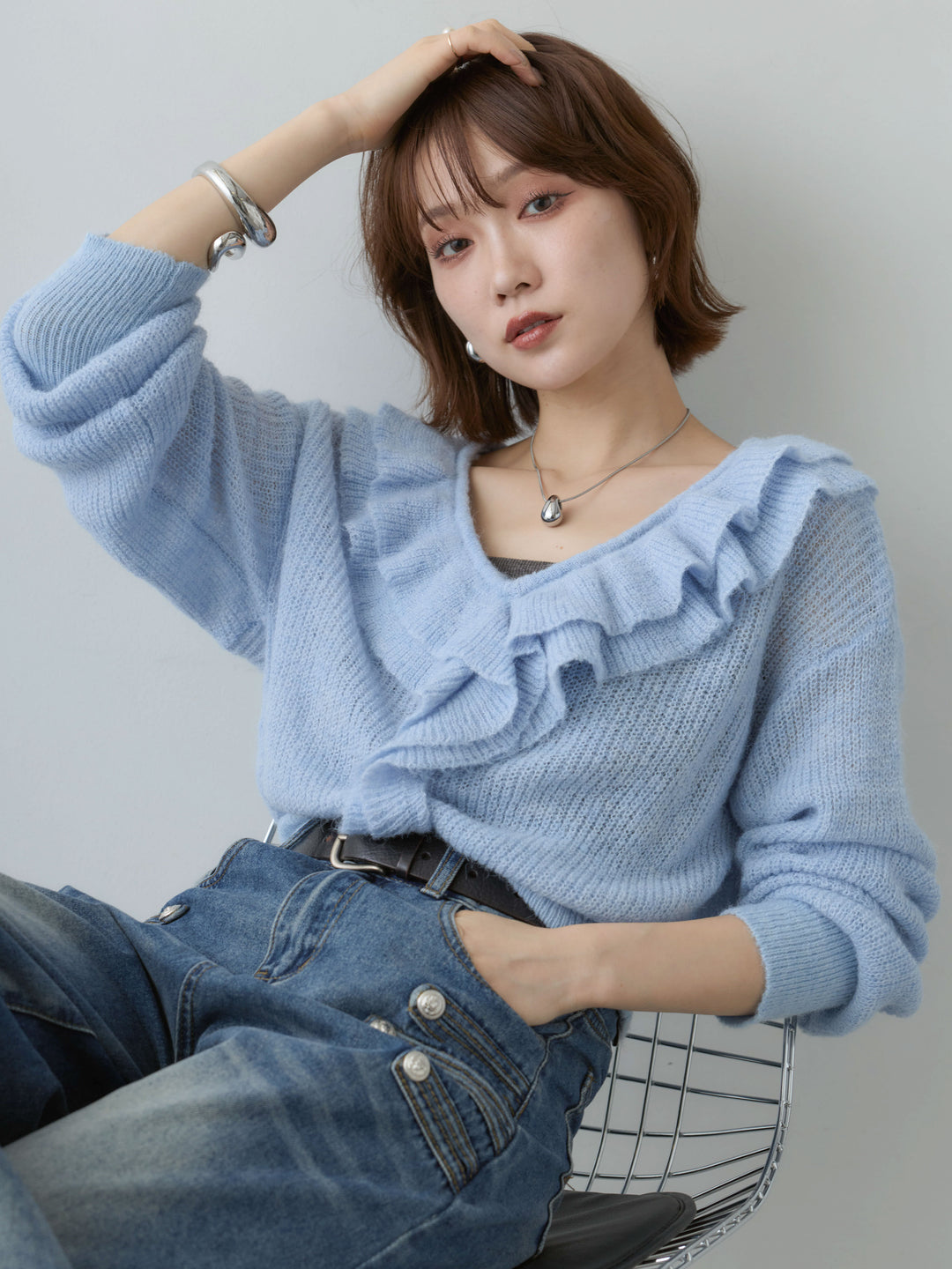 [SET]フリルネックモヘアニットトップス+選べるアクセセット(2set)