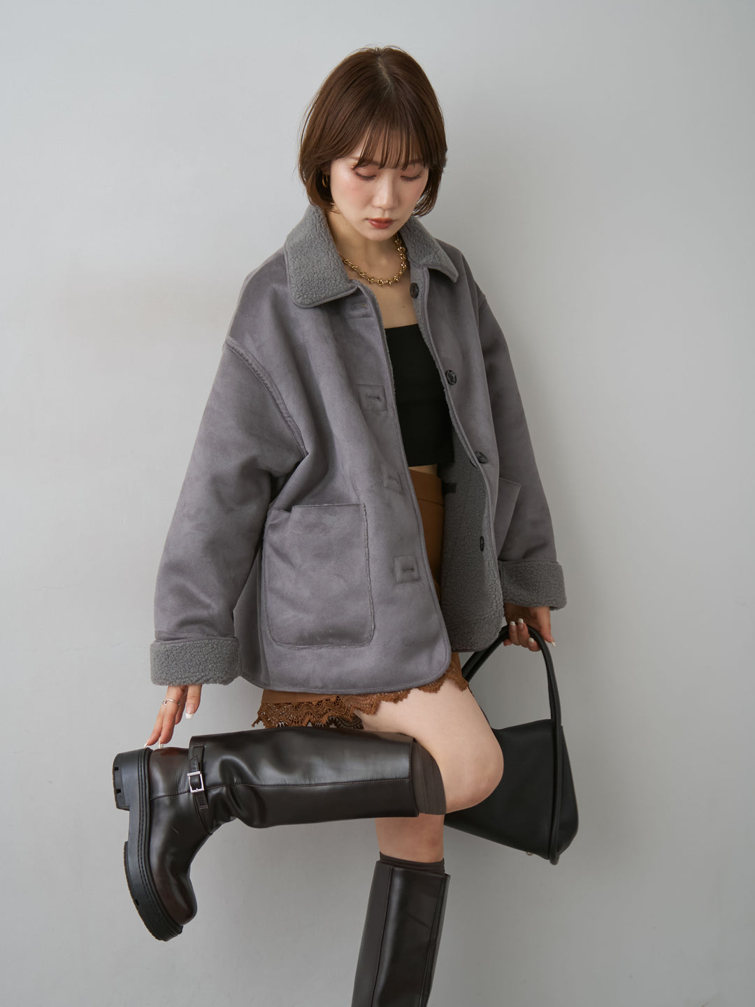 [SET]スエード×ボアムートンリバーシブルジャケット+レースヘムレザーライクミニスカート(2set)