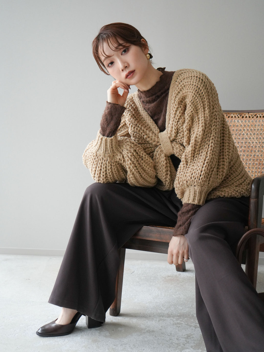 [予約]ローゲージ畦編みドルマンニットボレロ/beige