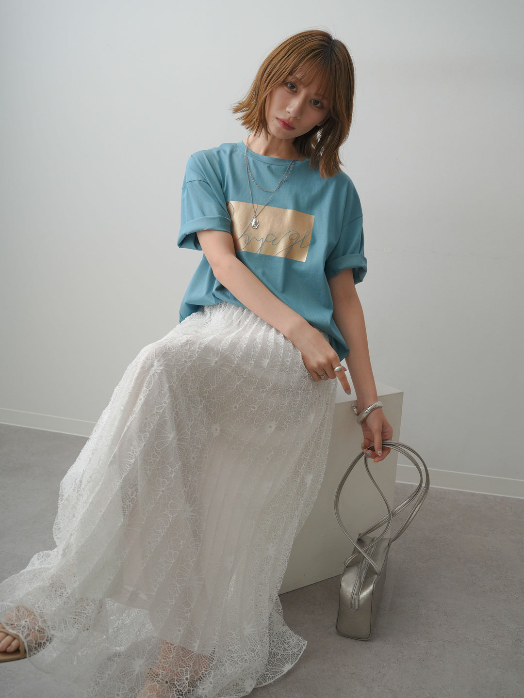 [SET]箔プリントボックスTEE+フローラルレースプリーツスカート(2set)