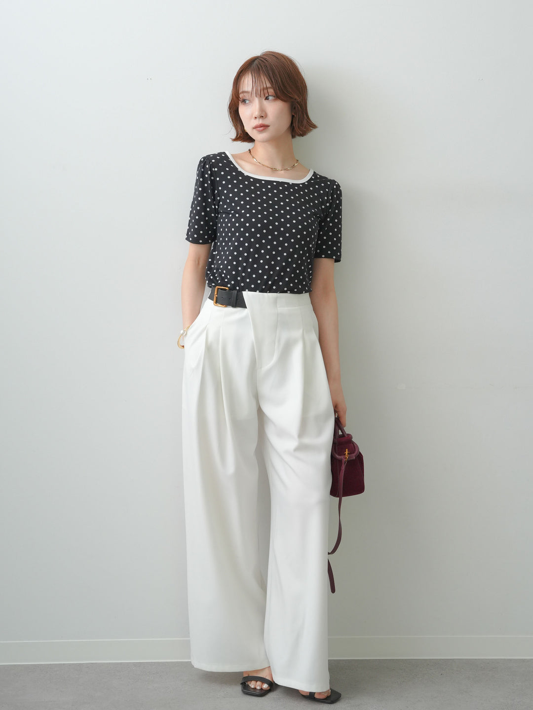 [SET]前後2wayドットバイカラーパイピングTEE+アシンメトリーベルトタックワイドパンツ(2set)