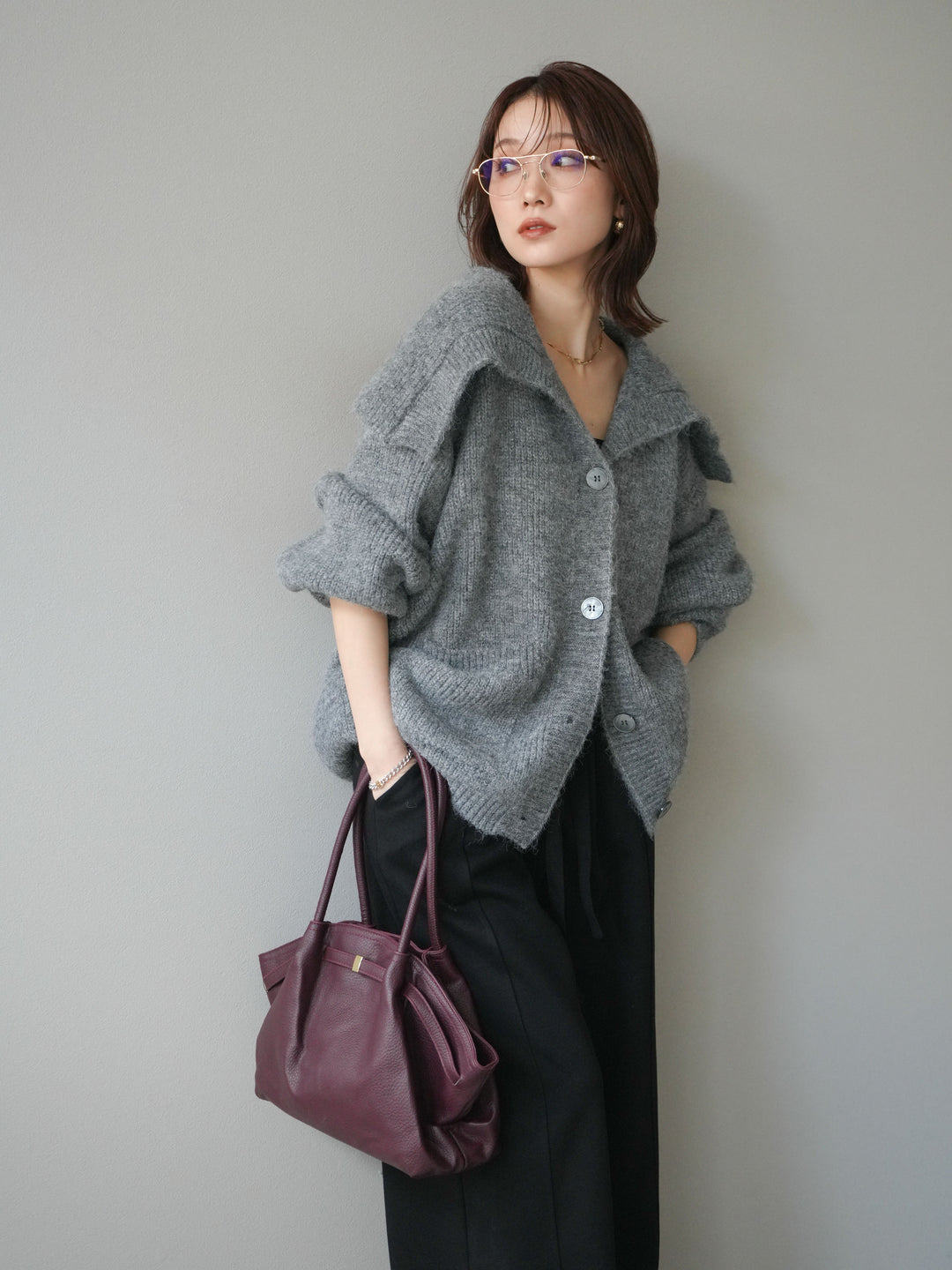 [予約]襟付きボタンオーバーニットカーディガン/gray