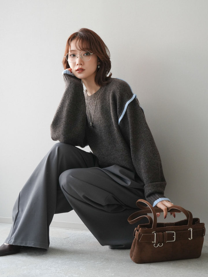 [予約]バイカラーパイピングニットプルオーバー/brown