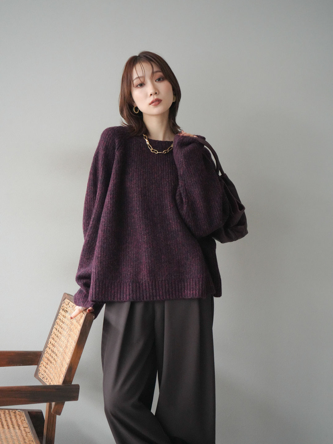 [予約]クルーネック畦編みミックスニット/bordeaux