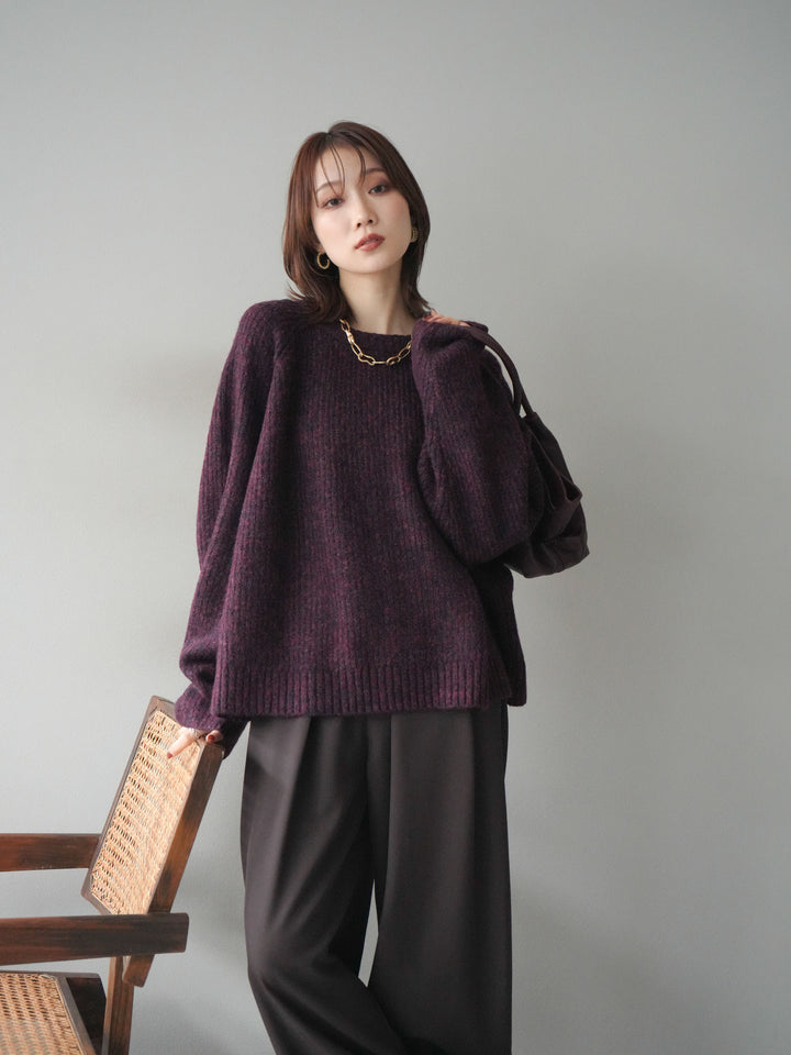 [予約]クルーネック畦編みミックスニット/bordeaux