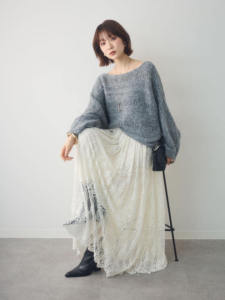 [予約]ミックス透かし編ワイドネックニットトップス/gray