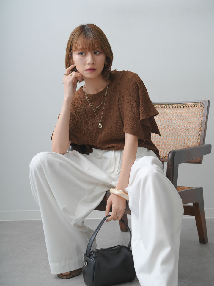 [SET]フクレジャガードケープスリーブトップス+ベルトループカーブタックワイドパンツ(2set)