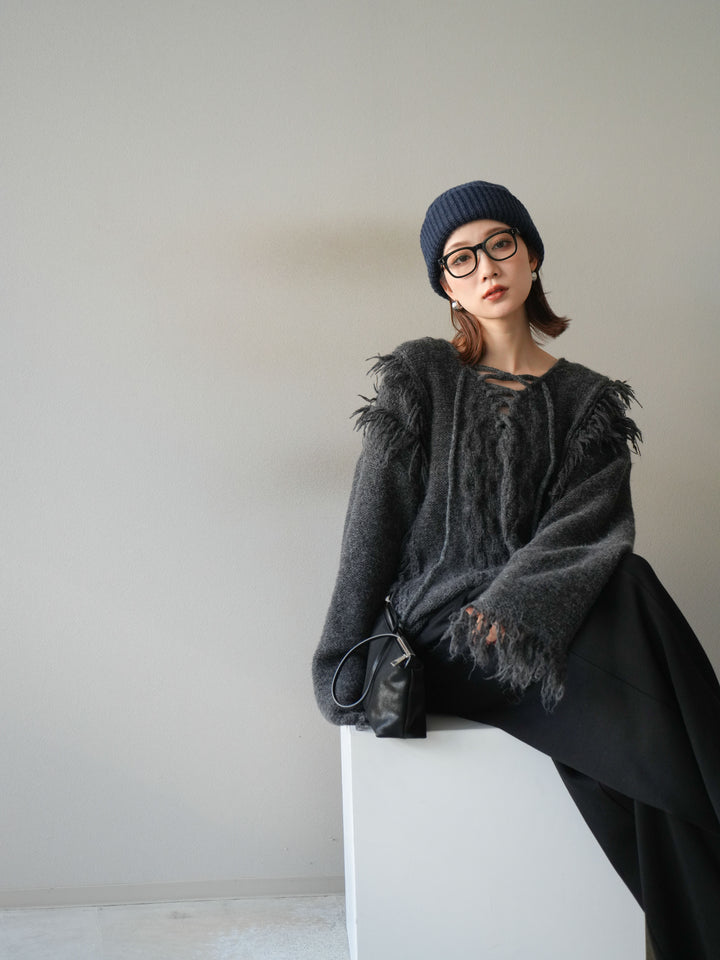 [予約]レースアップフリンジニットプルオーバー/gray