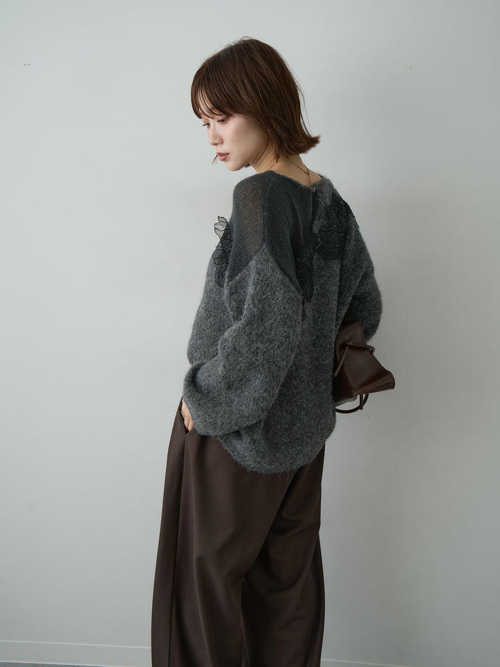 [予約]ショルダーシアーレースニットトップス/gray