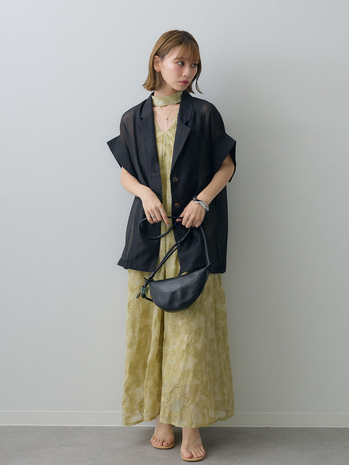 【套裝】葉子刺繡吊帶洋裝+透視寬鬆短袖外套（兩件套）