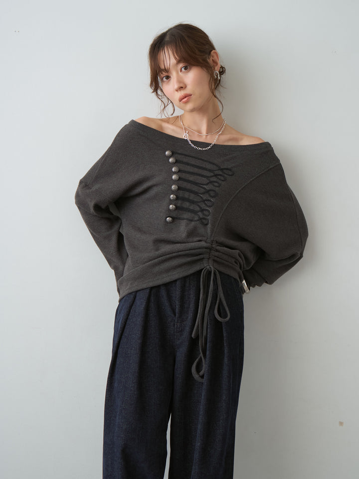 [予約]ナポレオンサイドギャザーワイドネックトップス/gray