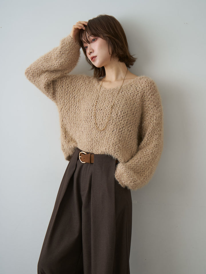 [予約]スパンラメシャギーVネックニットトップス/beige