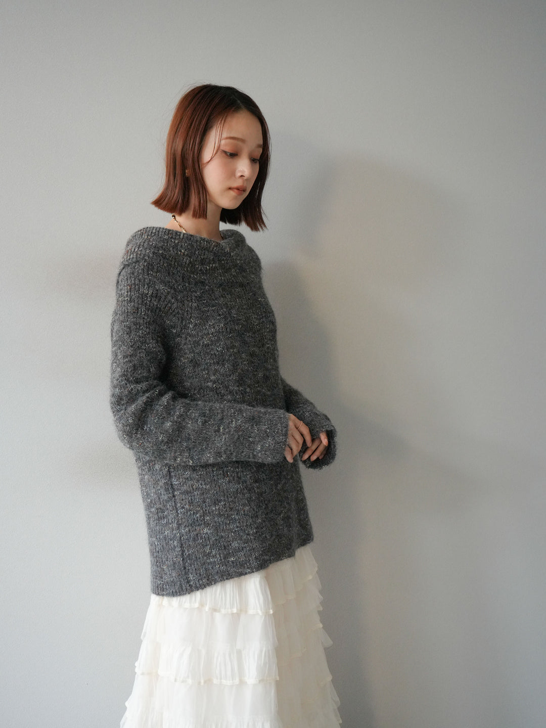 [予約]ミックスヤーンオフショルルーズニットプルオーバー/グレー