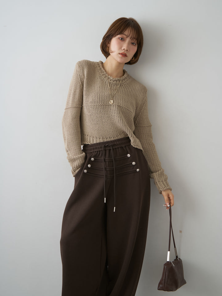 [SET]シームデザインクロップニットトップス+ナポレオンドロストスウェットパンツ(2set)