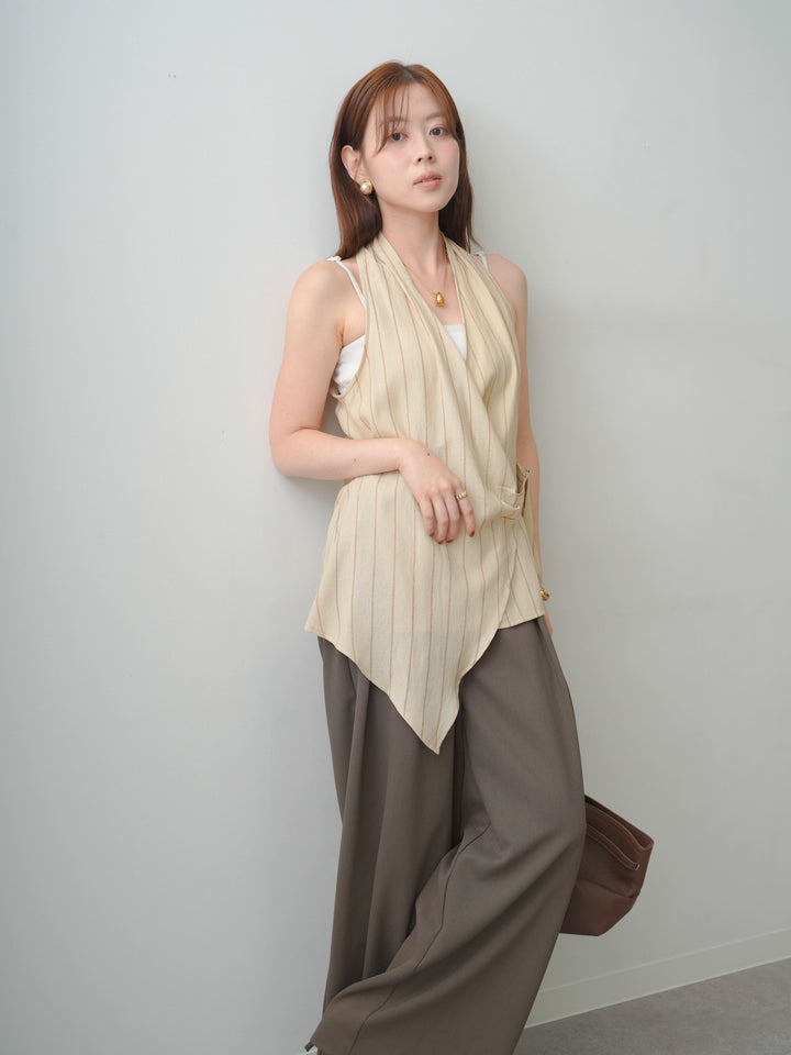 [SET]ストライプカシュクールジレ+クレープデシンタックワイドパンツ(2set)