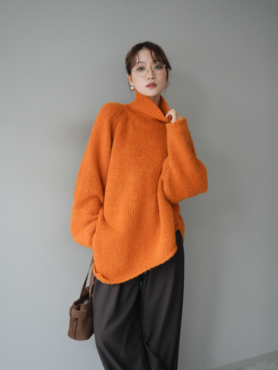 [予約]アシンメトリーハイネックニットプルオーバー/orange