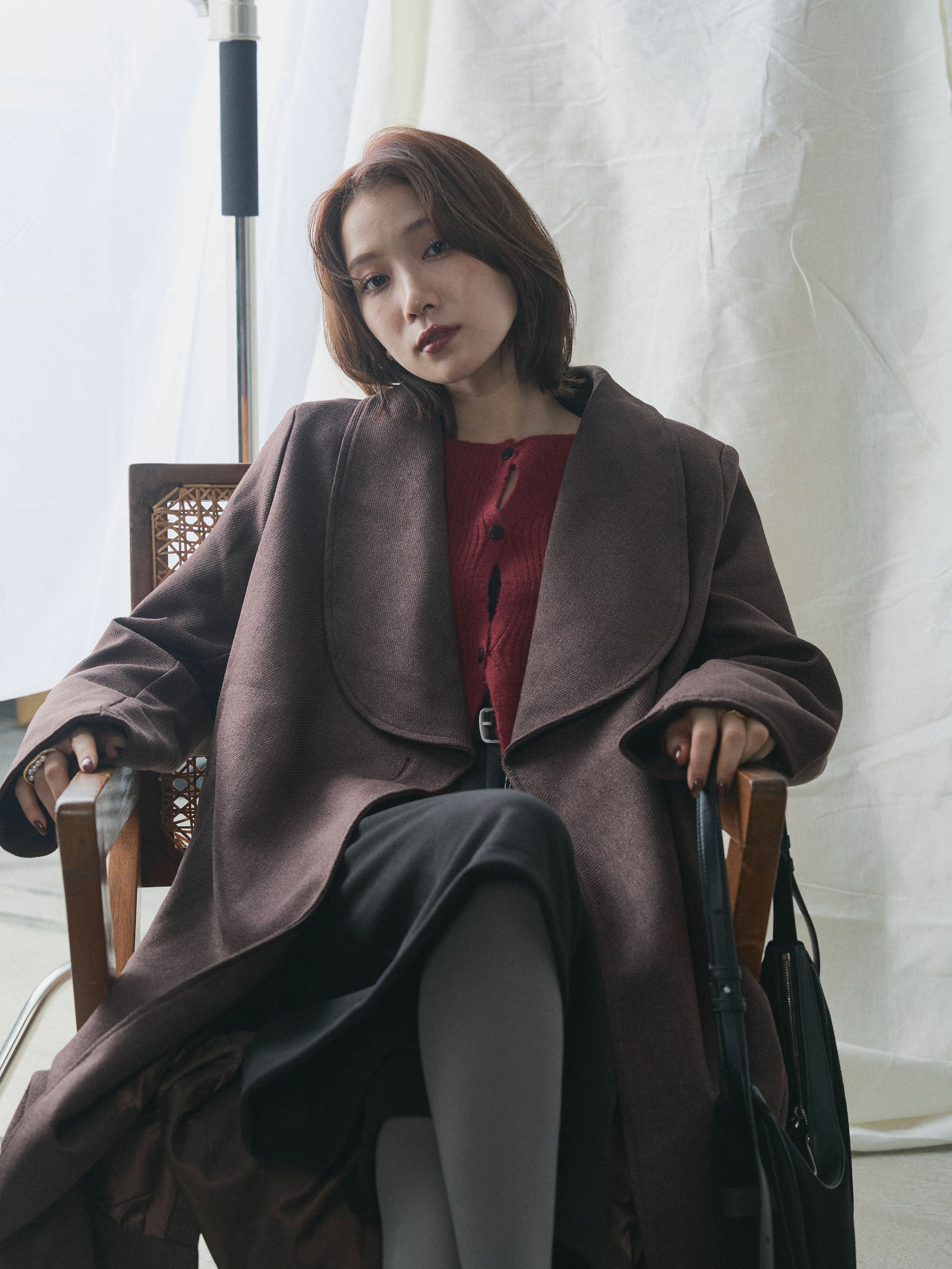 Allure】[SET]ツイードタッチロングコート+デザインショートニット