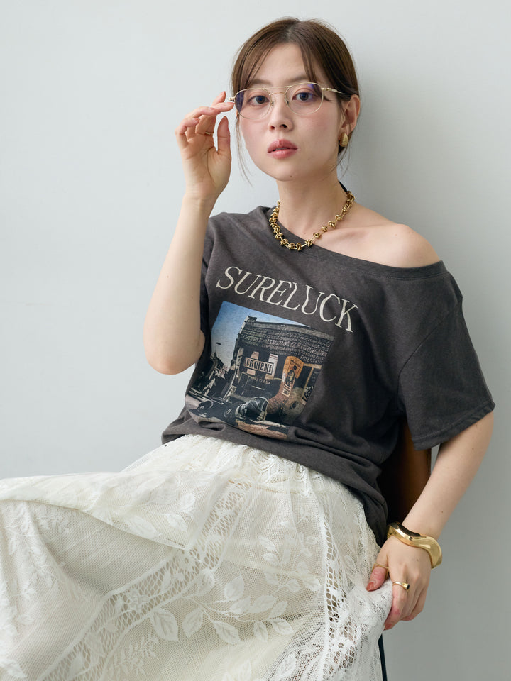 [SET]ワイドネックプリントTEE+ボタニカルパネルレースフレアスカート(2set)