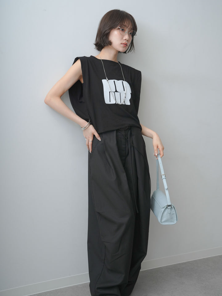 [SET]ワイドネックプリントTEE+ショルダータックノースリーブオーバーTEE(2set)