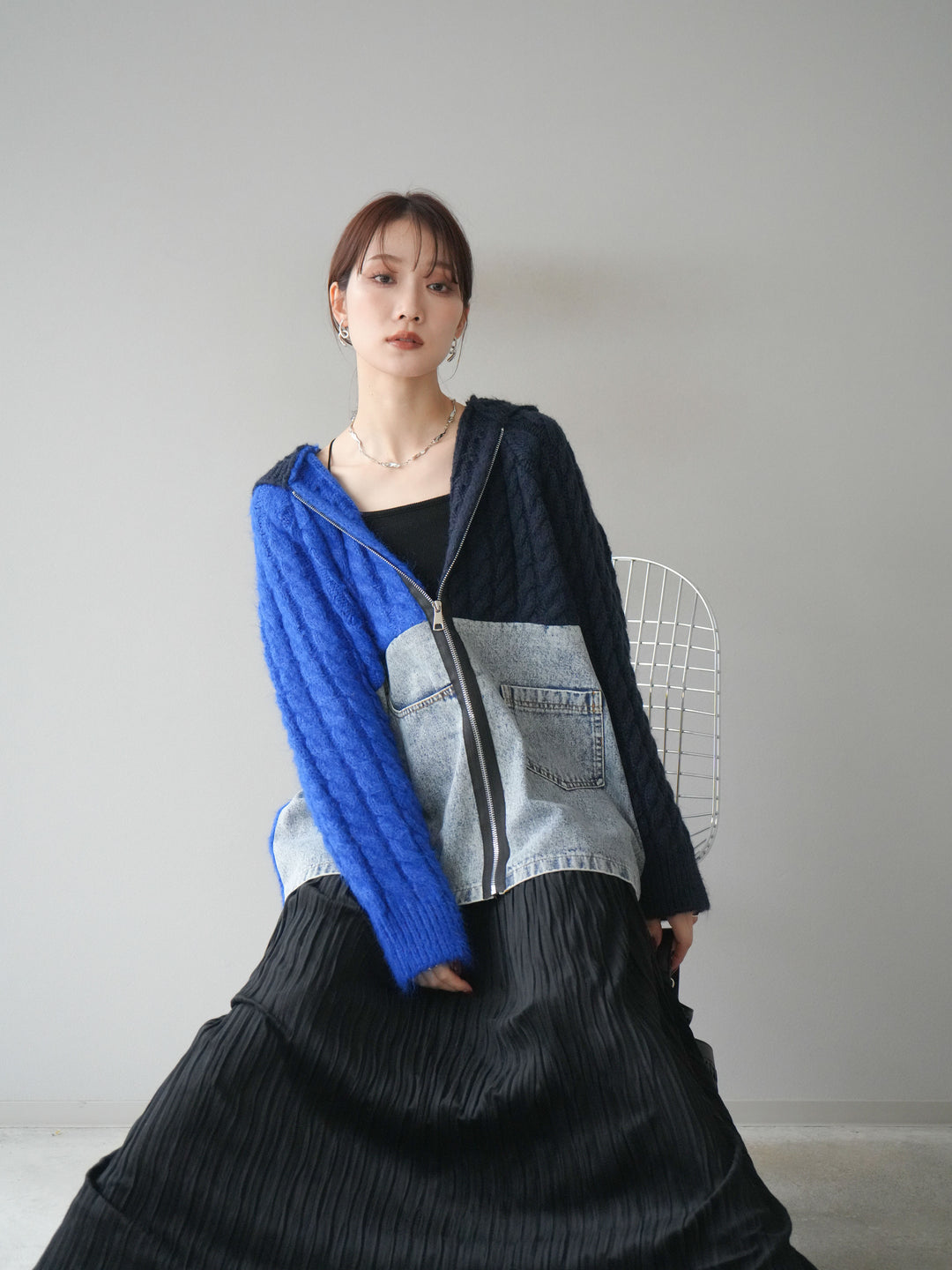 [予約]デニム×バイカラーニットZIPフーディ/blue