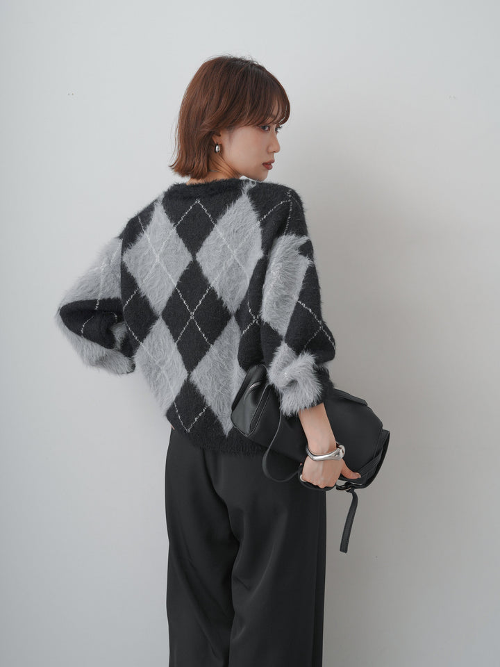 [予約]アーガイルシャギーニットトップス/black