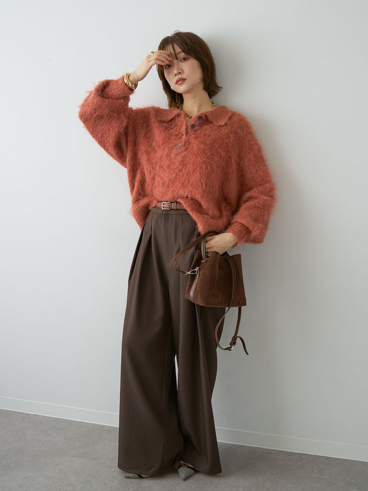[SET]ヘンリーシャギーニットトップス+ツイルタックワイドパンツ(2set)