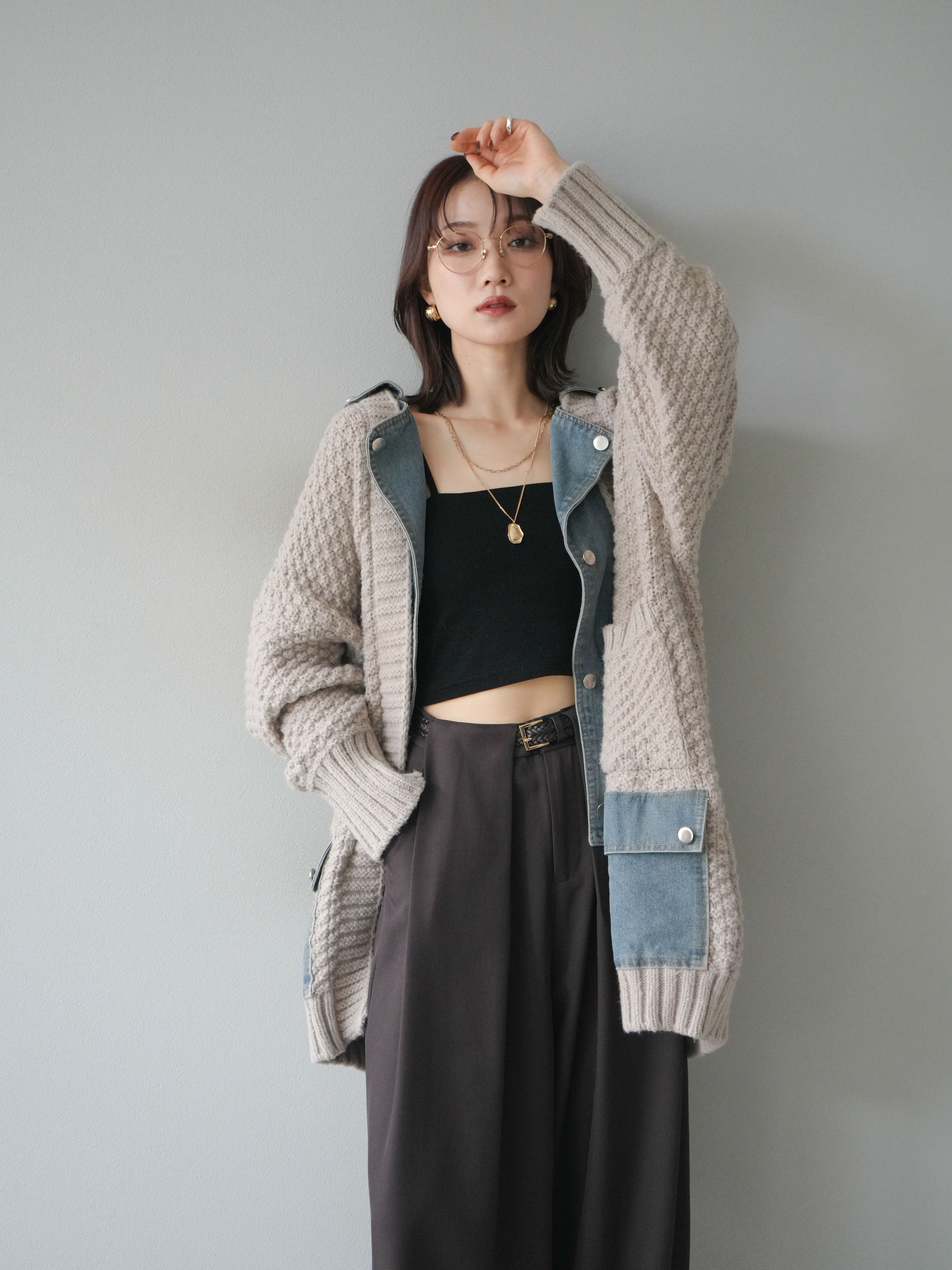SET]デニム襟レイヤードニットジャケット+デニム襟レイヤードニット
