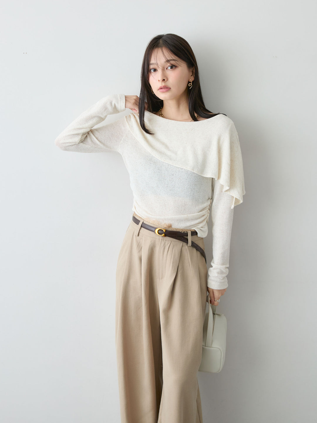[SET]サイドギャザーアシメケープデザイントップス+ウエストレースドレープワイドパンツ(2set)