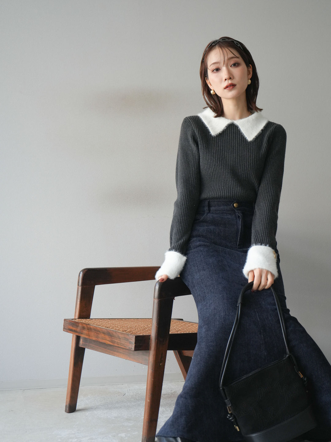 [SET]シャギー襟リブニットトップス+ベルベットマーメイドスカート(2set)