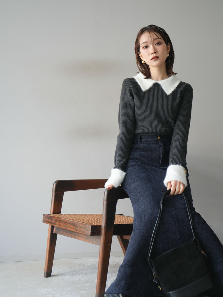 [SET]シャギー襟リブニットトップス+ベルベットマーメイドスカート(2set)