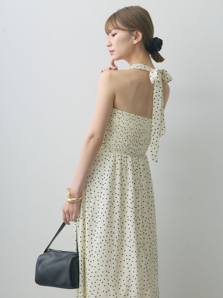 [SET]ホルターネックドット柄シャーリングデザインワンピース+選べるアクセセット(2set)