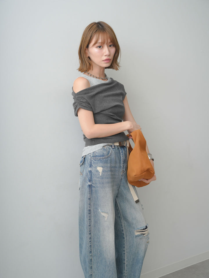[SET]レイヤードドッキングシアーニットトップス+ダメージデニムセミワイドパンツ(2set)