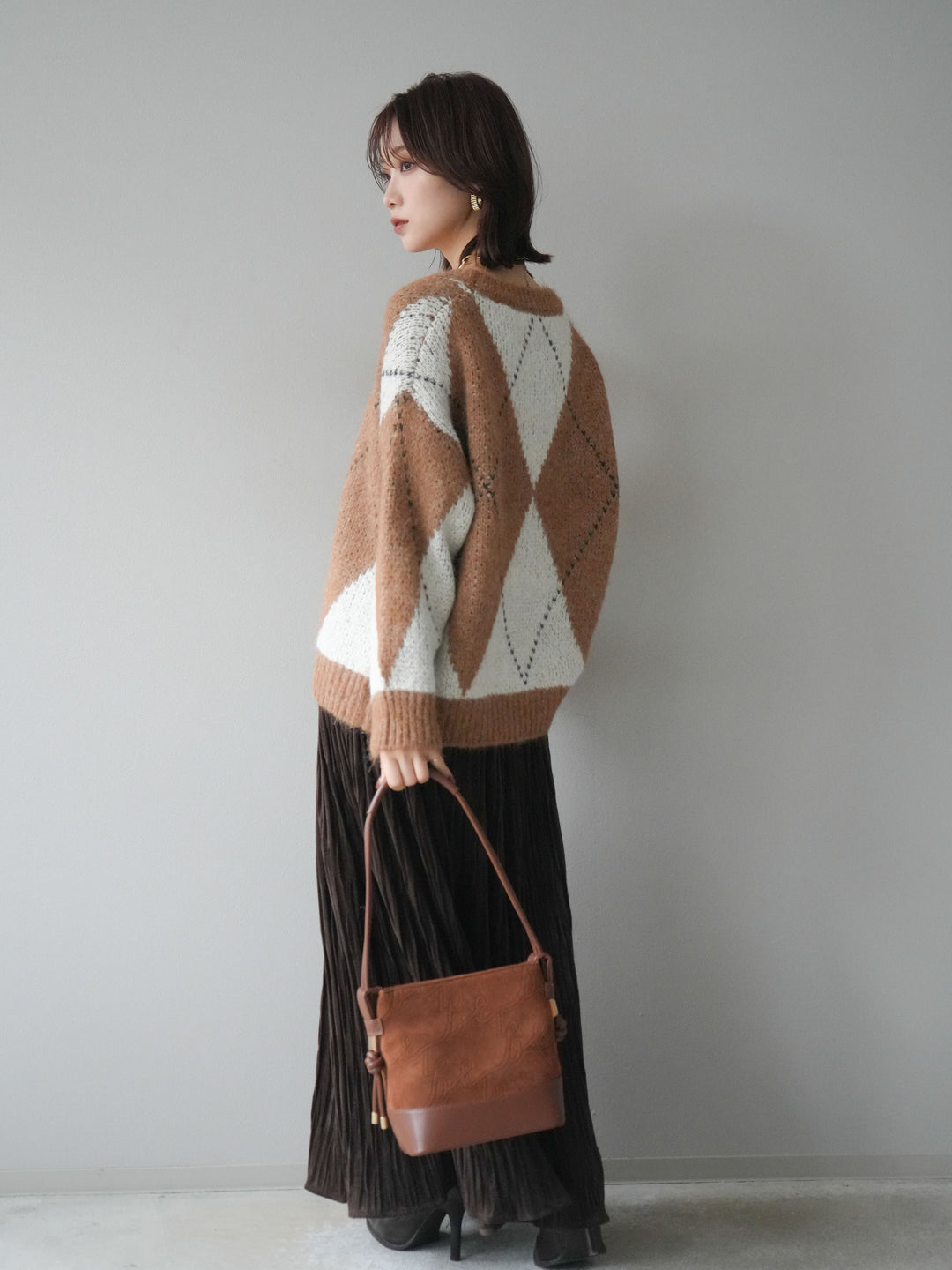 [SET]アーガイルオーバーニットプルオーバー+スエードワッシャープリーツスカート(2set)