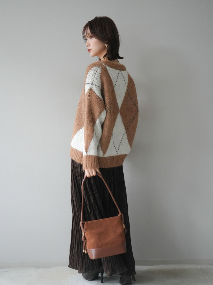 [SET]アーガイルオーバーニットプルオーバー+スエードワッシャープリーツスカート(2set)