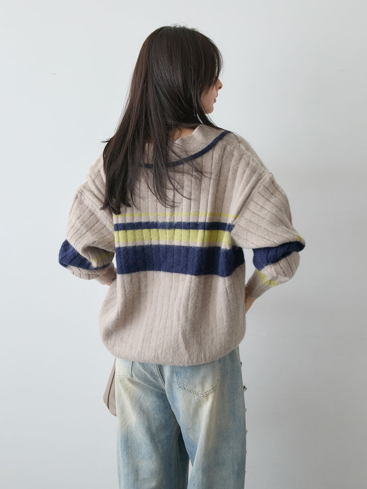 [予約]マルチボーダー起毛スキッパーニットトップス/greige
