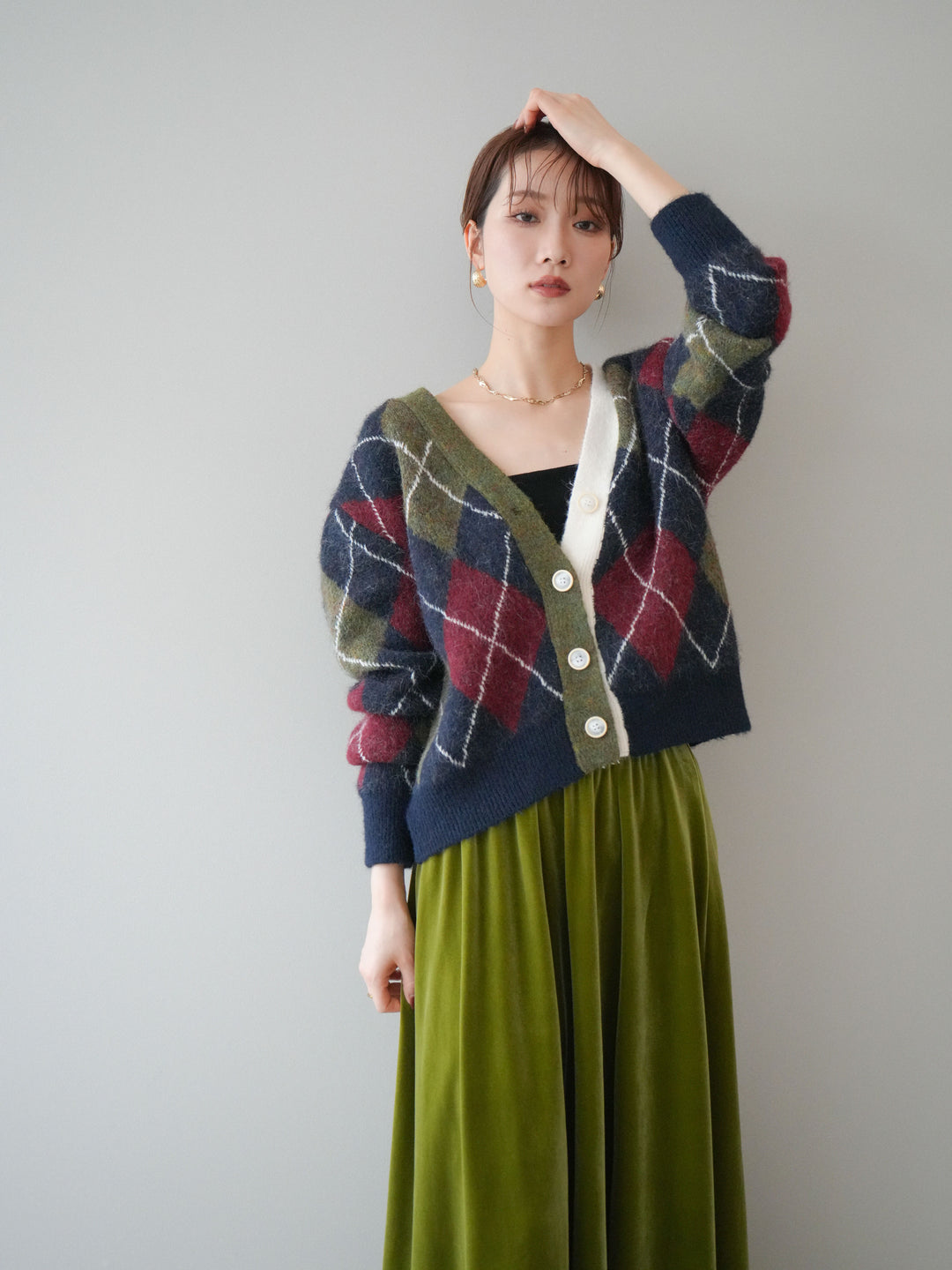 [予約]配色アーガイル柄ニットカーディガン/green