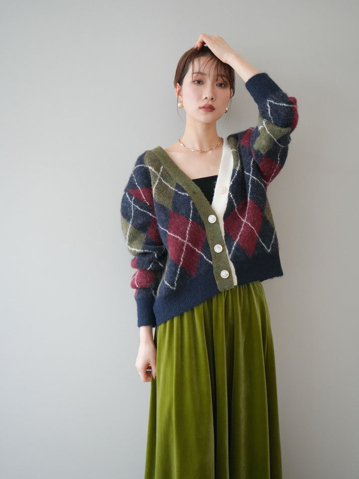 [予約]配色アーガイル柄ニットカーディガン/green