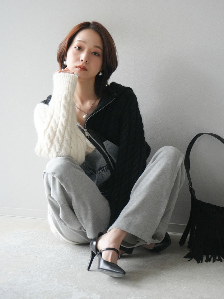 [予約]デニム×バイカラーニットZIPフーディ/black