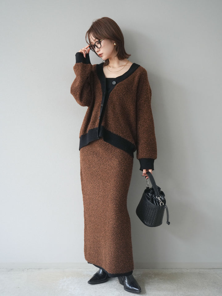 [SET]ブークレバイカラーニットカーディガン+ブークレバイカラータイトニットスカート(2set)