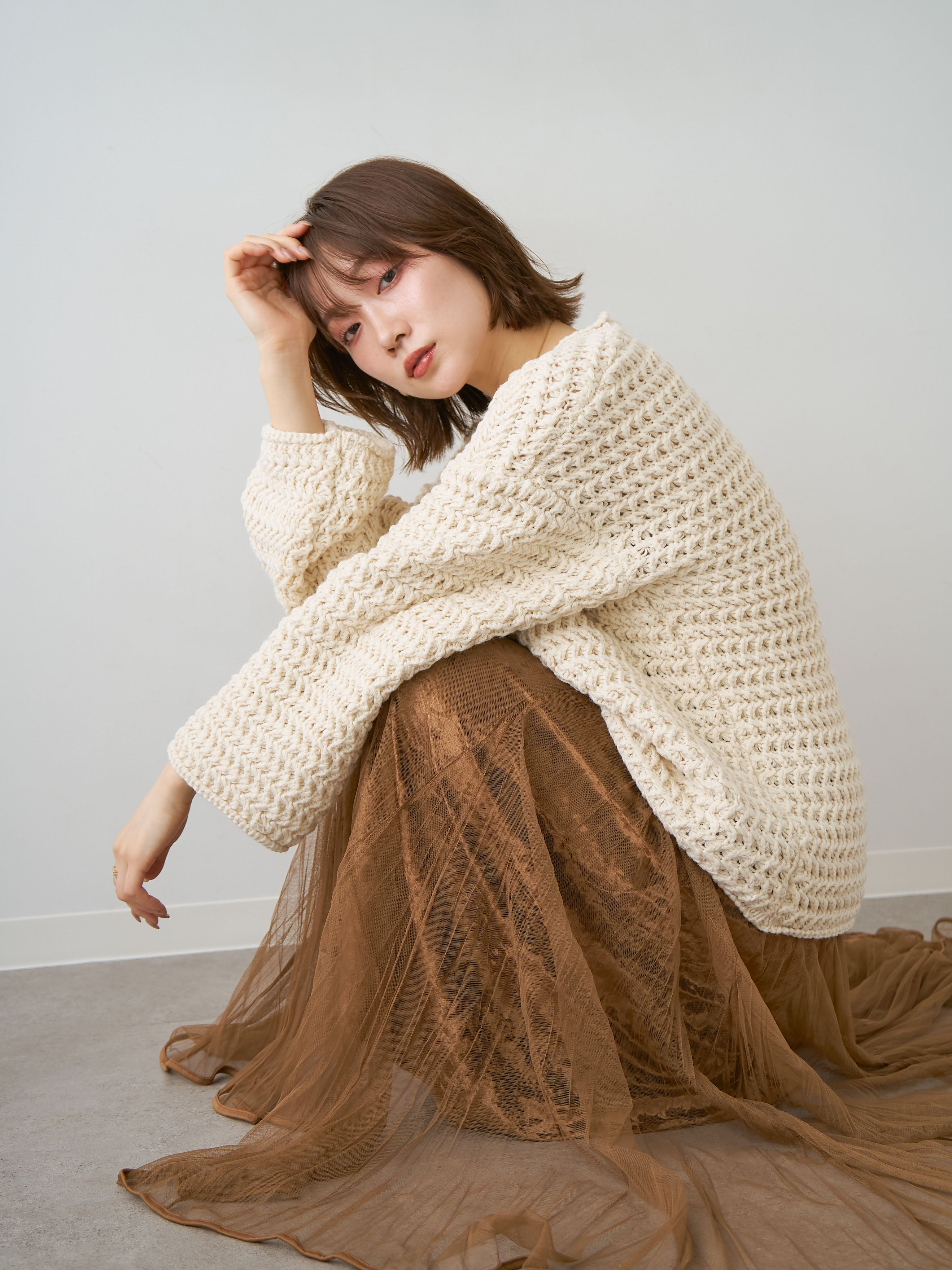 SET]立体ヘリンボーン編みニットプルオーバー+ベロアレイヤード