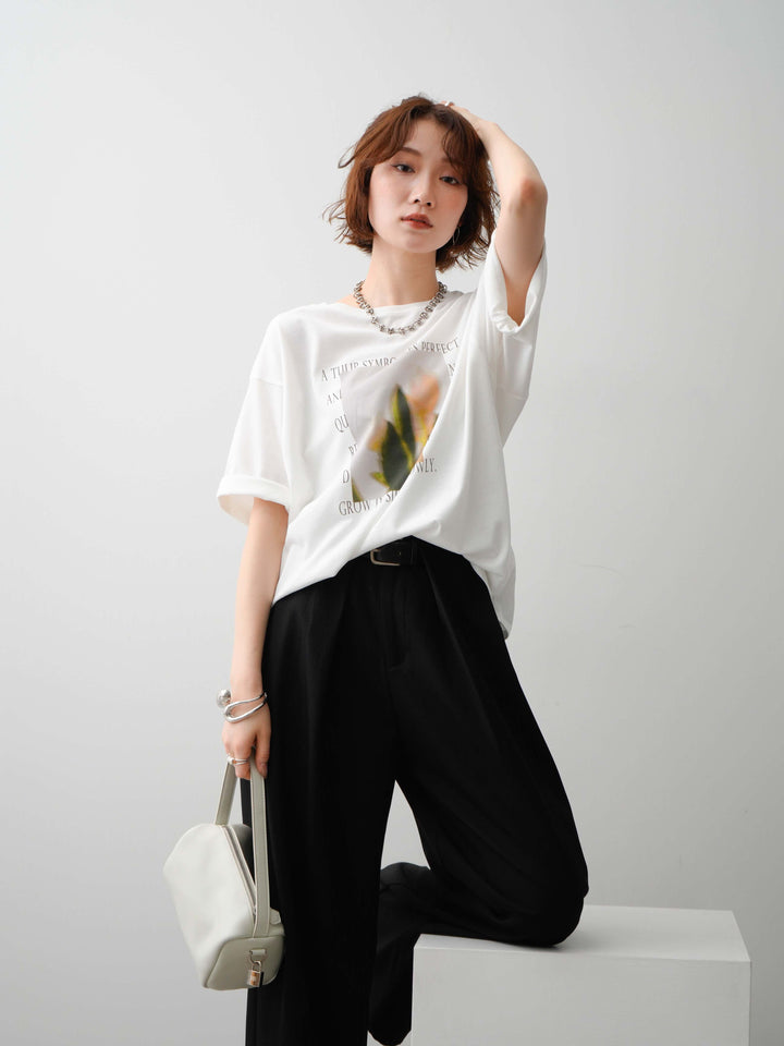 [SET]フラワーフォトTEE+ベルトループデザインワイドパンツ(2set)