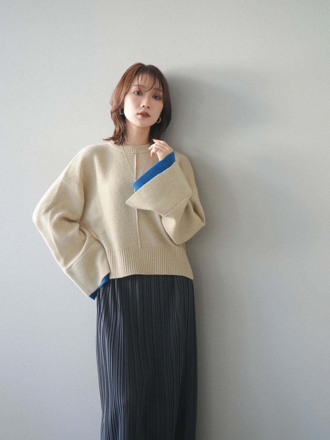 [SET]袖レイヤード配色ニットプルオーバー+プリーツIラインスカート(2set)