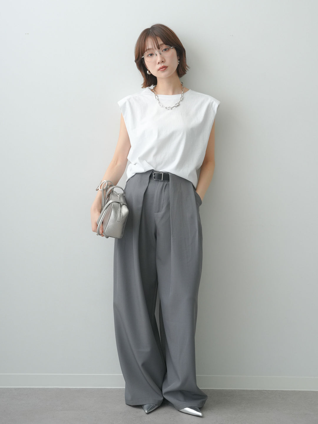 [SET]ショルダーパッドフレンチTEE+ベルトループデザインワイドパンツ(2set)
