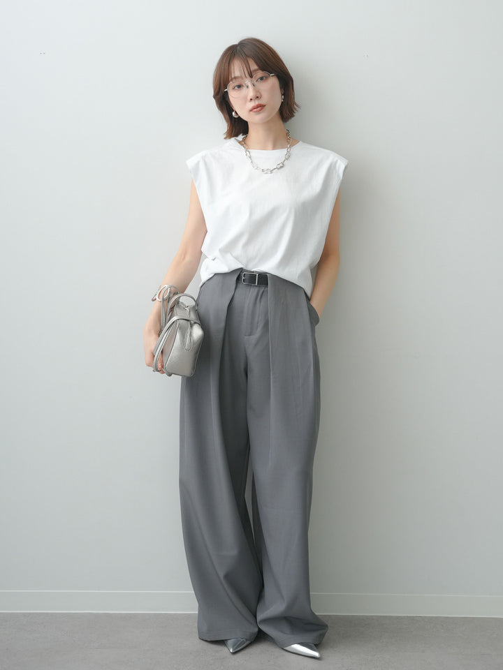 [SET]ショルダーパッドフレンチTEE+ベルトループデザインワイドパンツ(2set)
