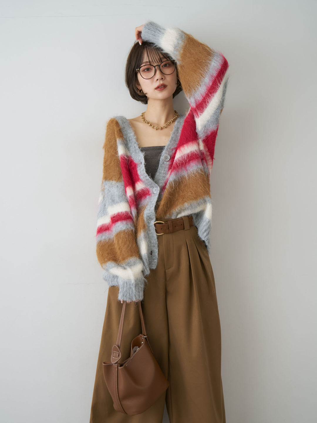[SET]カラフルシャギーボーダーカーディガン+ダブルタックドレープストレートワイドパンツ(2set)