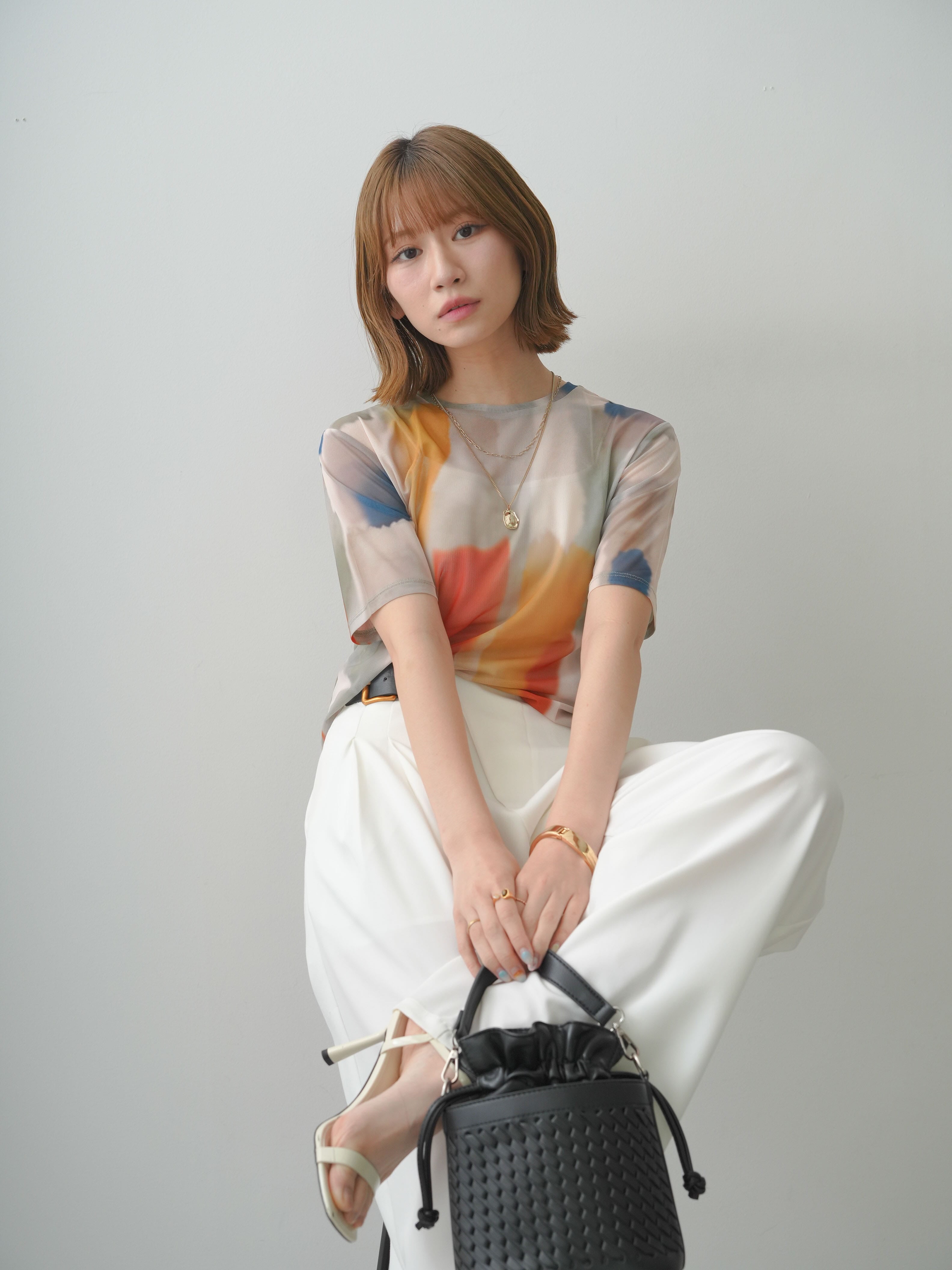 予約]水彩柄メッシュシアー半袖プルオーバー/ivory – Lumier