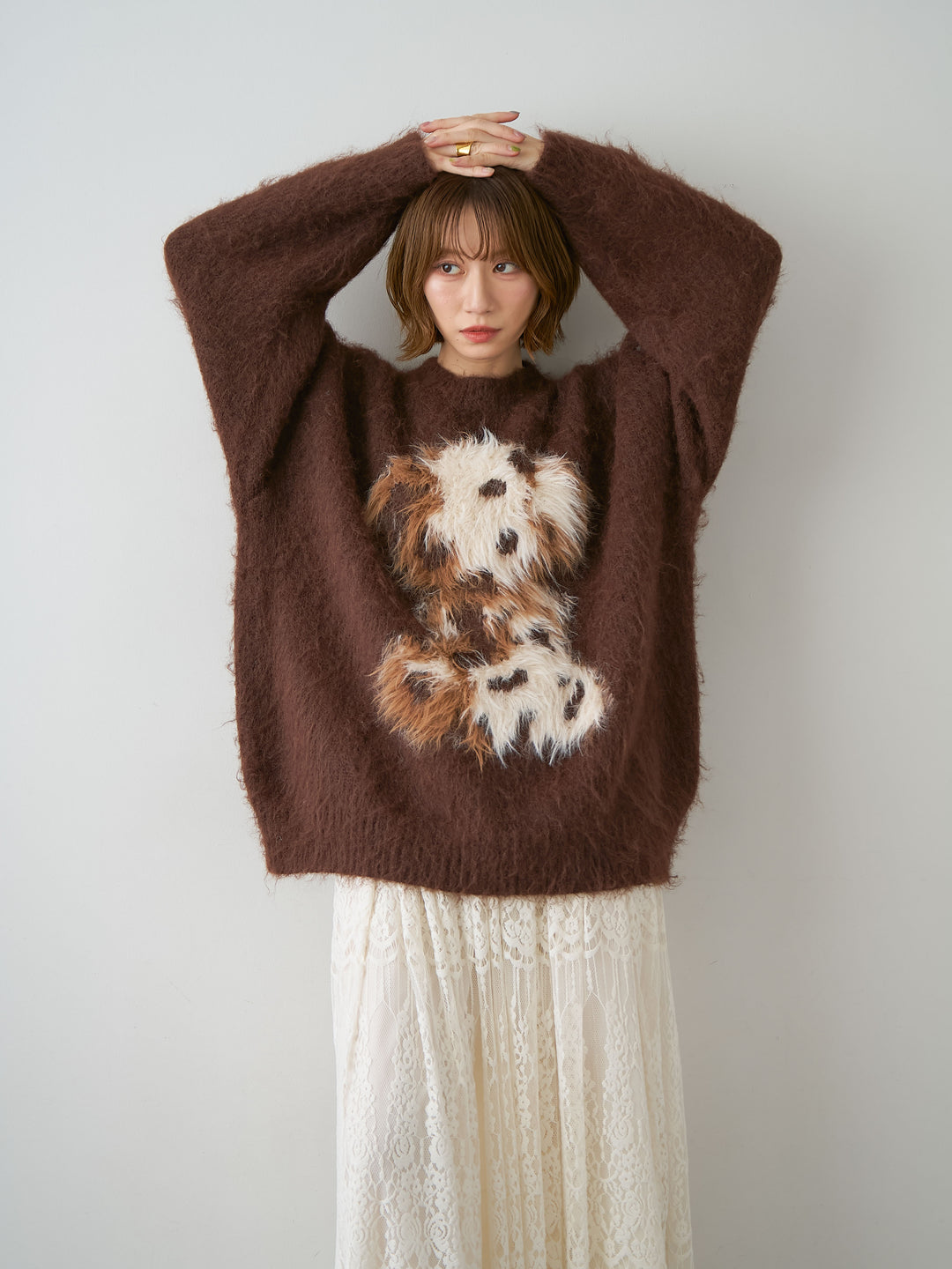 [予約]シャギードッグモチーフニットトップス/brown